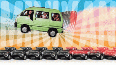 A Green Van Is Pulling A Fence In Front Of A Row Of Cars GIF