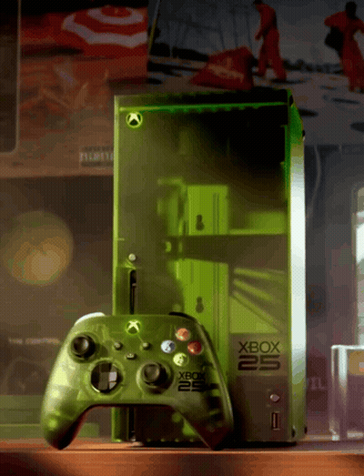 A Green Xbox 25 Console Is On A Shelf GIF