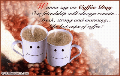 A Greeting Card For Coffee Day With Two Cups Of Coffee With Faces On Them GIF