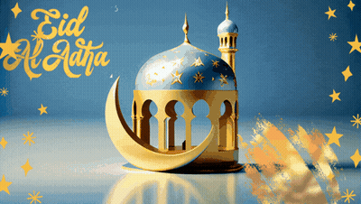 A Greeting Card For Eid Al Adha With A Blue Dome And A Crescent Moon GIF