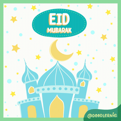 A Greeting Card For Eid Mubarak With A Castle And Crescent Moon GIF