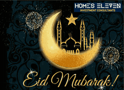 A Greeting Card For Eid Mubarak With A Crescent Moon And Fireworks GIF