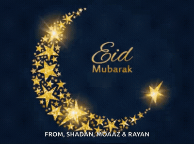 A Greeting Card For Eid Mubarak With A Crescent Moon Surrounded By Gold Stars GIF