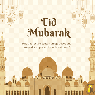 A Greeting Card For Eid Mubarak With A Mosque In The Foreground GIF