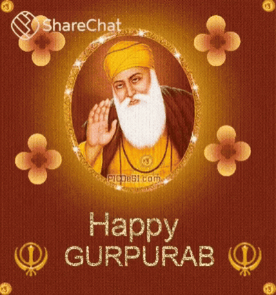 A Greeting Card For Happy Gurpurab With A Picture Of A Man With A Beard And Flowers . GIF