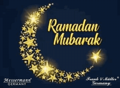 A Greeting Card For Ramadan Mubarak With A Crescent Moon And Stars On A Blue Background GIF