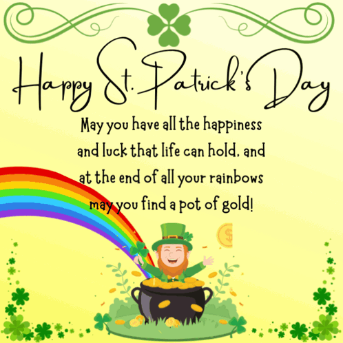 A Greeting Card For St. Patrick 'S Day With A Leprechaun In A Pot Of Gold And A Rainbow GIF