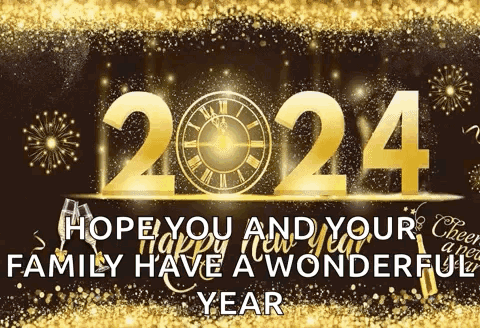 A Greeting Card For The New Year 2024 With A Clock And Fireworks GIF