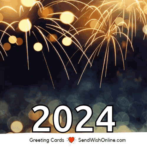 A Greeting Card For The Year 2024 With Fireworks Behind It GIF