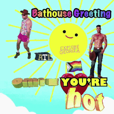 A Greeting Card That Says " Bathhouse Greeting " And " Explore Georgia " GIF