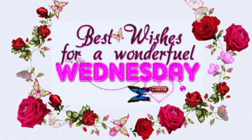 A Greeting Card That Says Best Wishes For A Wonderful Wednesday With Roses And Butterflies GIF