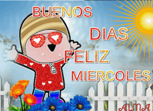 A Greeting Card That Says Buenos Dias Feliz Miercoles In Red GIF