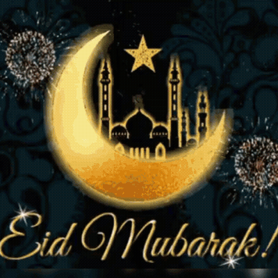 A Greeting Card That Says Eid Mubarak With A Crescent Moon And Fireworks GIF