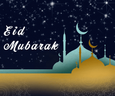 A Greeting Card That Says ' Eid Mubarak ' With A Mosque In The Background GIF