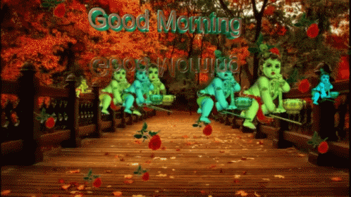 A Greeting Card That Says Good Morning With A Bridge In The Background GIF