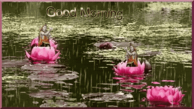 A Greeting Card That Says Good Morning With A Picture Of A Statue In A Pond GIF