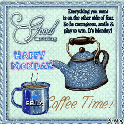 A Greeting Card That Says Happy Monday With A Cup Of Coffee And A Teapot GIF