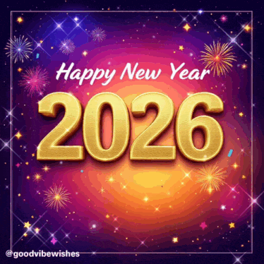 A Greeting Card That Says Happy New Year 2026 With Fireworks In The Background GIF