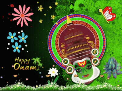 A Greeting Card That Says Happy Onam With Flowers And A Butterfly GIF