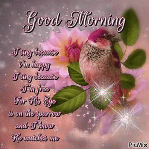 A Greeting Card With A Bird And Flowers That Says Good Morning GIF