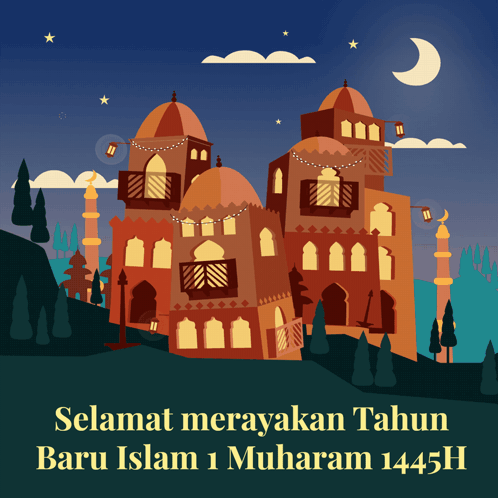 A Greeting Card With A Castle And The Words Selamat Merayakan Tahun Baru Islam 1 Muharam 1441H GIF