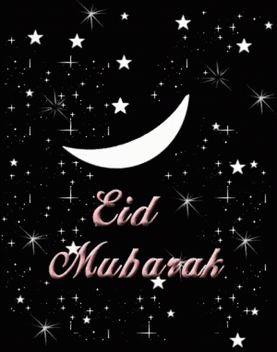 A Greeting Card With A Crescent Moon And The Words Eid Mubarak GIF