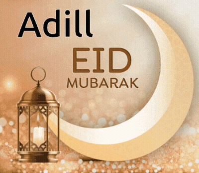A Greeting Card With A Lantern And A Crescent Moon Says Adill Eid Mubarak GIF