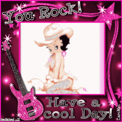 A Greeting Card With Betty Boop And A Guitar That Says " You Rock " GIF