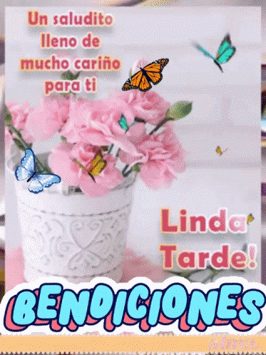 A Greeting Card With Pink Flowers And Butterflies Says Bendiciones GIF