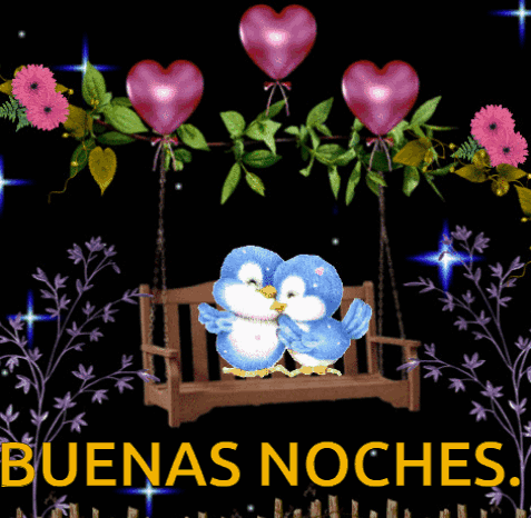 A Greeting Card With Two Birds On A Swing And The Words Buenas Noches On The Bottom GIF