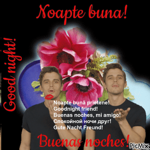 A Greeting Card With Two Men And Flowers Says Goodnight Friend GIF