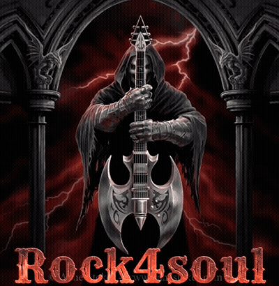 A Grim Reaper Holding A Guitar And An Axe With The Words Rock4soul Written In Red GIF