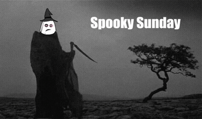 A Grim Reaper Holding A Scythe With The Words Spooky Sunday Behind Him GIF