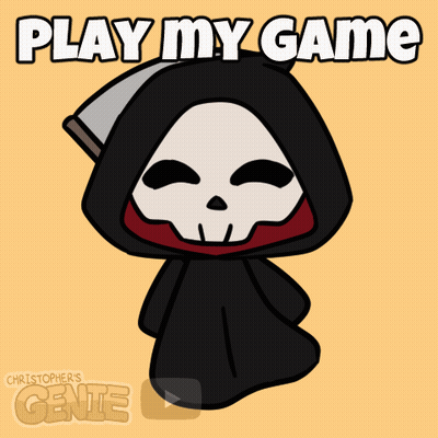 A Grim Reaper Is Holding A Scythe And The Words Play My Game Are Above Him GIF