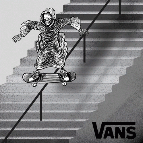 A Grim Reaper Is Riding A Skateboard Down A Set Of Stairs With The Vans Logo Below Him GIF