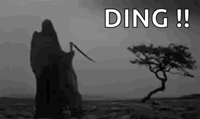 A Grim Reaper Is Standing In The Middle Of A Desert Holding A Scythe And A Tree . GIF