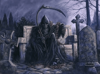 A Grim Reaper Sits In A Cemetery With A Scythe GIF