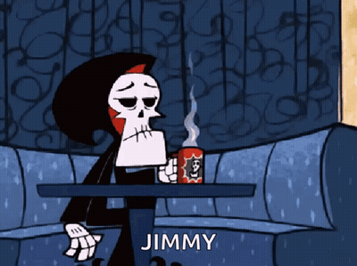 A Grim Reaper Sitting At A Table With A Cup Of Jimmy GIF
