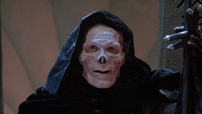 A Grim Reaper Wearing A Hood And Holding A Sword Has The Word Mine On His Face GIF