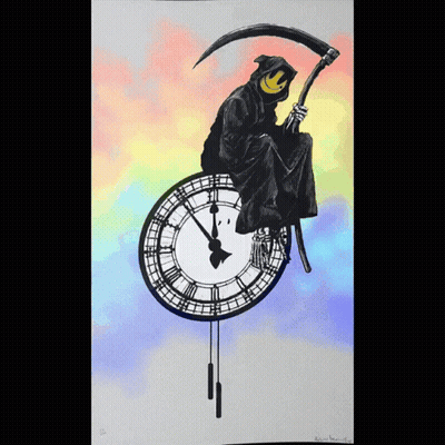 A Grim Reaper With A Scythe Sitting On A Clock GIF