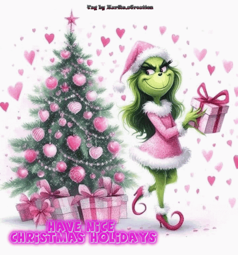 A Grinch Is Holding A Gift In Front Of A Pink Christmas Tree GIF