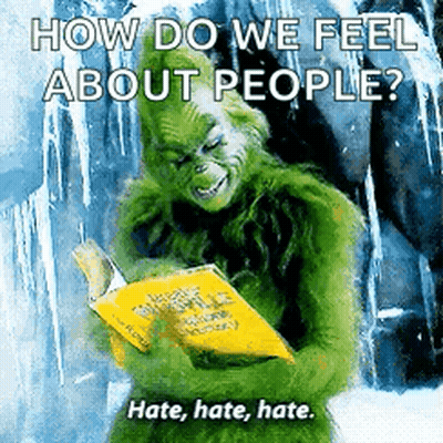A Grinch Is Reading A Book With The Words How Do We Feel About People Hate Hate Hate GIF