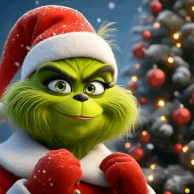 A Grinch Is Wearing A Santa Hat And A Christmas Suit GIF