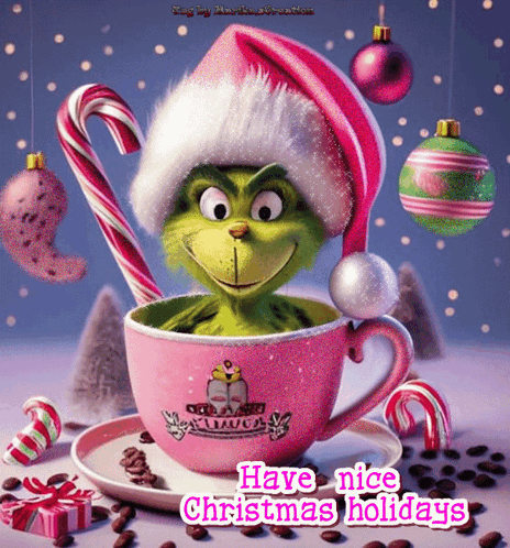 A Grinch Sitting In A Pink Cup With The Words Have Nice Christmas Holidays On It GIF