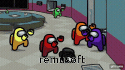 A Group Of Among Us Characters Are Standing In A Room With The Word Remusoft On The Bottom Right GIF
