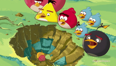 A Group Of Angry Birds Standing Around A Hole GIF
