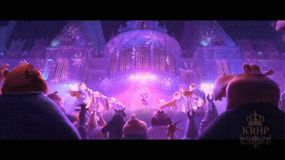 A Group Of Animals Are Standing In Front Of A Stage With A Purple Light . GIF