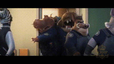 A Group Of Animals Dressed As Police Officers Are Standing In A Room . GIF