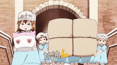 A Group Of Anime Characters Are Carrying Boxes And One Of Them Has A Hat That Says ' Blood Cells ' On It GIF