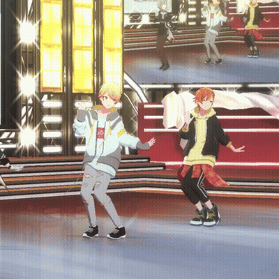 A Group Of Anime Characters Are Dancing On A Stage And One Has A Red Hair GIF